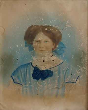 Charming hand tinted antique photo that has been damaged by time. Image is faded, missing in spots, has holes which are caused by insects, and is in a wood and plaster frame that is also damaged.